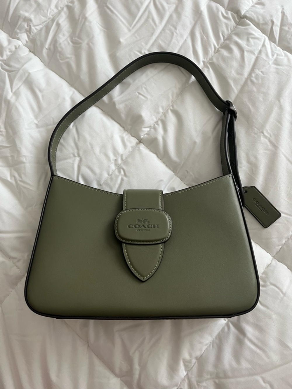 Coach Eliza Shoulder Bag Olive Green Leather with Tab Closure
